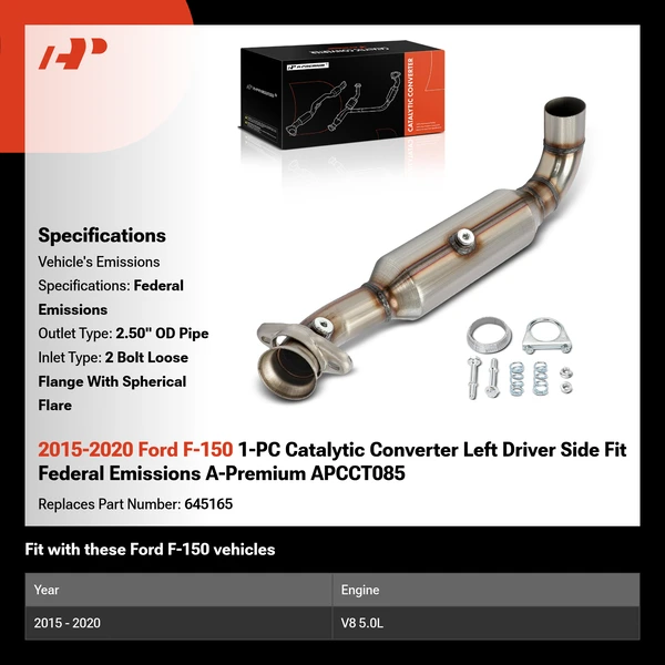 2015-2020 Ford F-150 1-PC Catalytic Converter Left Driver Side Fit Federal Emissions A-Premium APCCT085