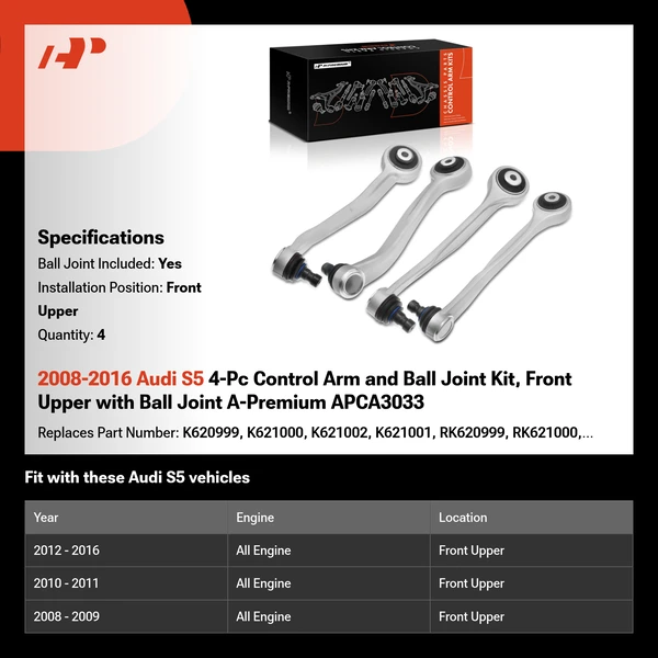 2008-2016 Audi S5 4-Pc Control Arm and Ball Joint Kit, Front Upper with Ball Joint A-Premium APCA3033