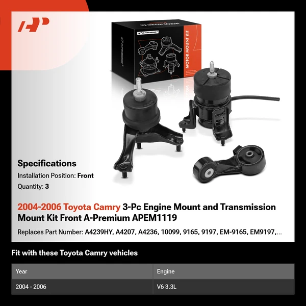 2004-2006 Toyota Camry 3-Pc Engine Mount and Transmission Mount Kit Front A-Premium APEM1119