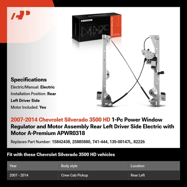 2007-2014 Chevrolet Silverado 3500 HD 1-Pc Power Window Regulator and Motor Assembly Rear Left Driver Side Electric with Motor A-Premium APWR0318