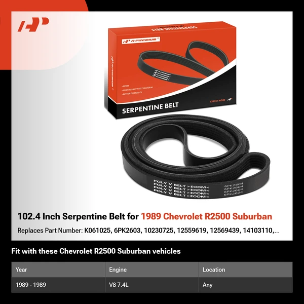 102.4 Inch Serpentine Belt for 1989 Chevrolet R2500 Suburban