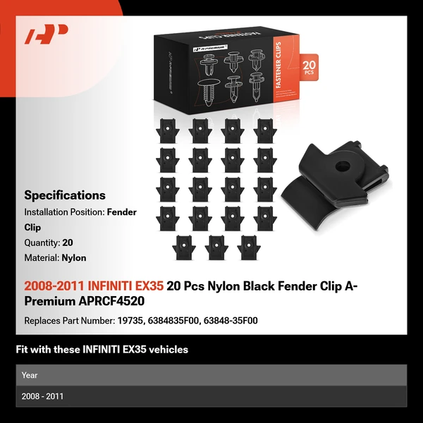 2008-2011 INFINITI EX35 20 Pcs Nylon Black Fender Clip A-Premium APRCF4520
