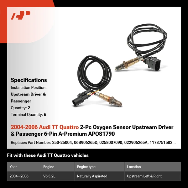 2004-2006 Audi TT Quattro 2-Pc Oxygen Sensor Upstream Driver & Passenger 6-Pin A-Premium APOS1790