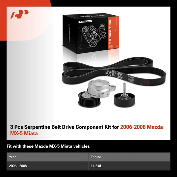 3 Pcs Serpentine Belt Drive Component Kit for 2006-2008 Mazda MX-5 Miata