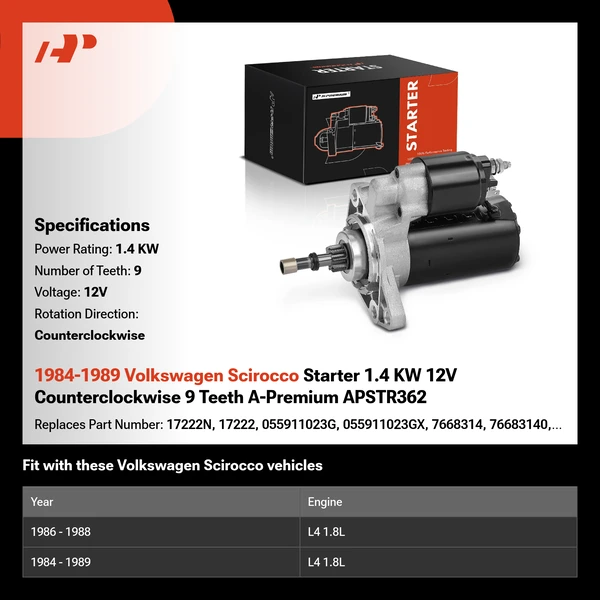 1984-1989 Volkswagen Scirocco Starter 1.4 KW 12V Counterclockwise 9 Teeth A-Premium APSTR362