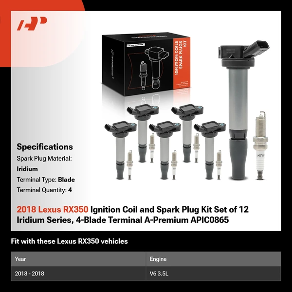 2018 Lexus RX350 Ignition Coil and Spark Plug Kit Set of 12 Iridium Series, 4-Blade Terminal A-Premium APIC0865