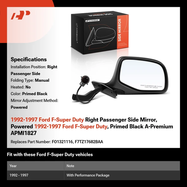 1992-1997 Ford F-Super Duty Right Passenger Side Mirror, Powered 1992-1997 Ford F-Super Duty, Primed Black A-Premium APMI1827