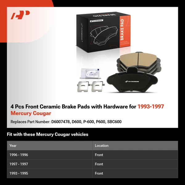 4 Pcs Front Ceramic Brake Pads with Hardware for 1993-1997 Mercury Cougar