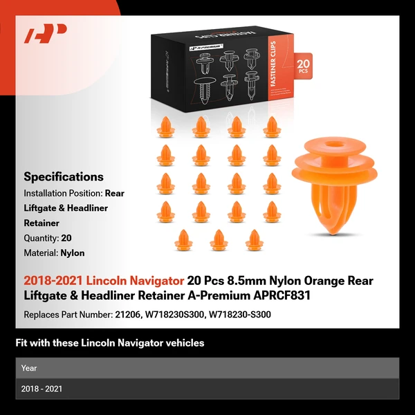 2018-2021 Lincoln Navigator 20 Pcs 8.5mm Nylon Orange Rear Liftgate & Headliner Retainer A-Premium APRCF831