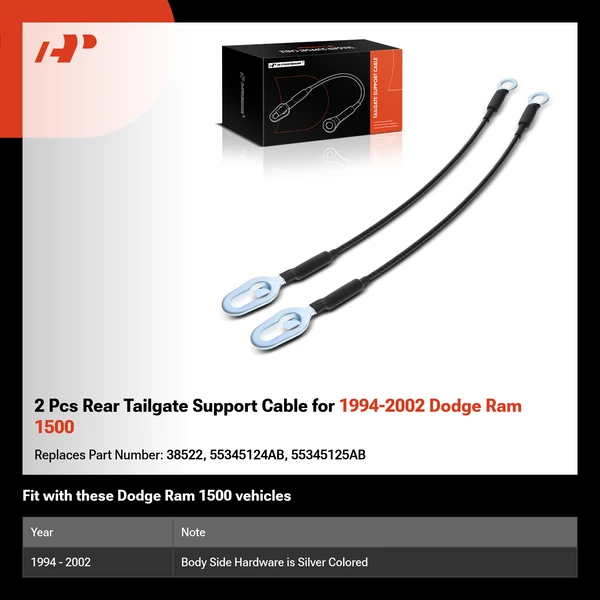 2 Pcs Rear Tailgate Support Cable for 1994-2002 Dodge Ram 1500