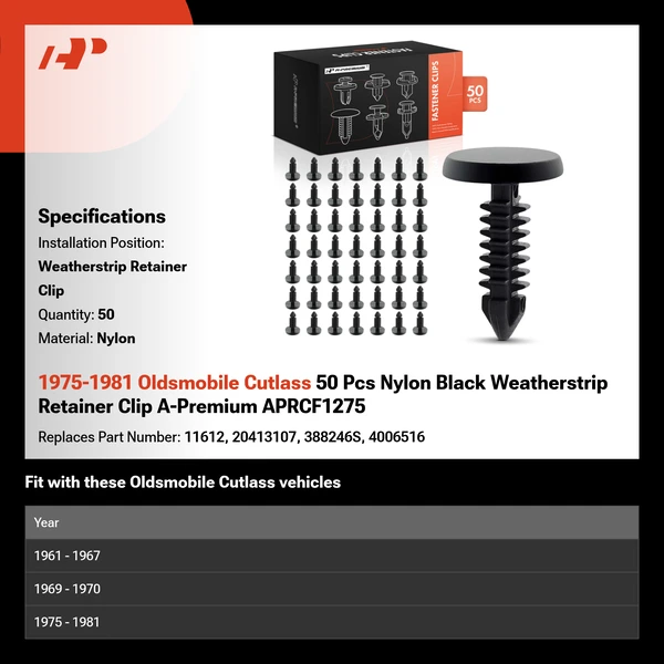 1975-1981 Oldsmobile Cutlass 50 Pcs Nylon Black Weatherstrip Retainer Clip A-Premium APRCF1275