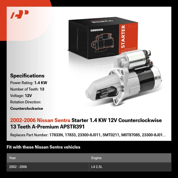 2002-2006 Nissan Sentra Starter 1.4 KW 12V Counterclockwise 13 Teeth A-Premium APSTR391
