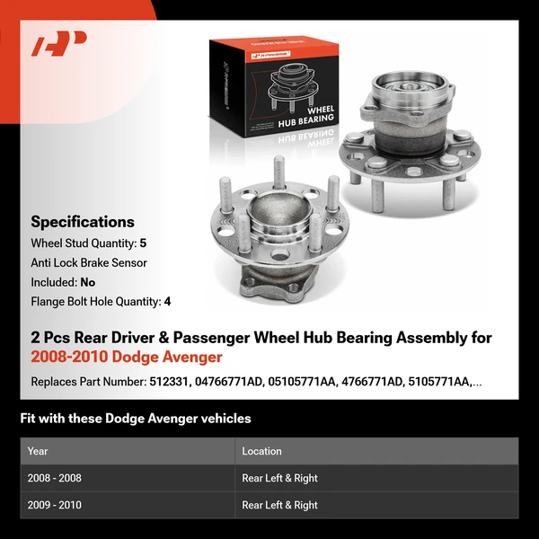 2 Pcs Rear Driver & Passenger Wheel Hub Bearing Assembly for 2008-2010 Dodge Avenger