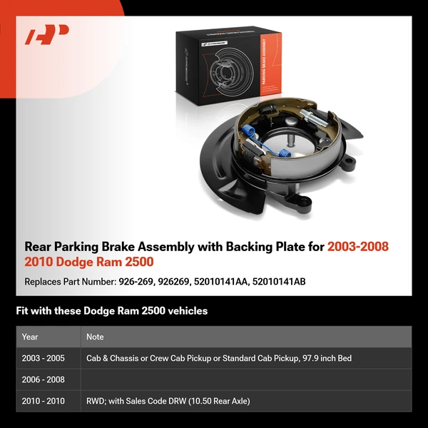 Rear Parking Brake Assembly with Backing Plate for 2003-2008 2010 Dodge Ram 2500