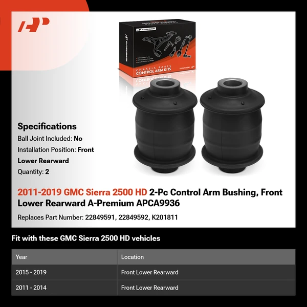 2011-2019 GMC Sierra 2500 HD 2-Pc Control Arm Bushing, Front Lower Rearward A-Premium APCA9936