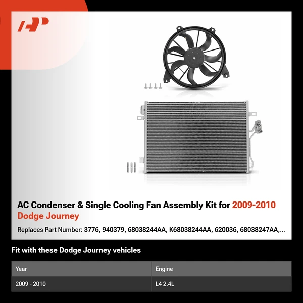 AC Condenser & Single Cooling Fan Assembly Kit for 2009-2010 Dodge Journey