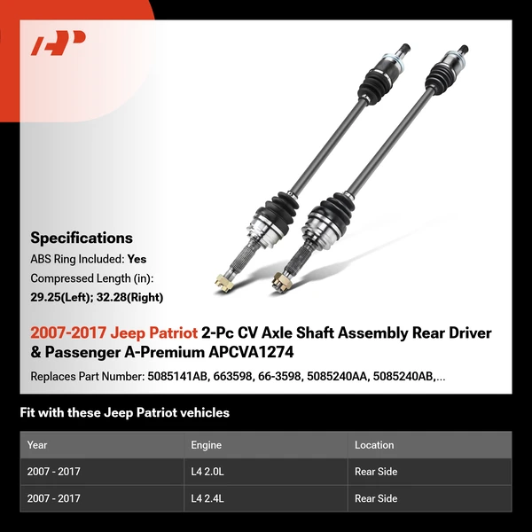 2007-2017 Jeep Patriot 2-Pc CV Axle Shaft Assembly Rear Driver & Passenger A-Premium APCVA1274