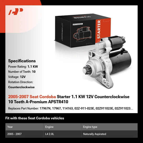 2005-2007 Seat Cordoba Starter 1.1 KW 12V Counterclockwise 10 Teeth A-Premium APSTR410