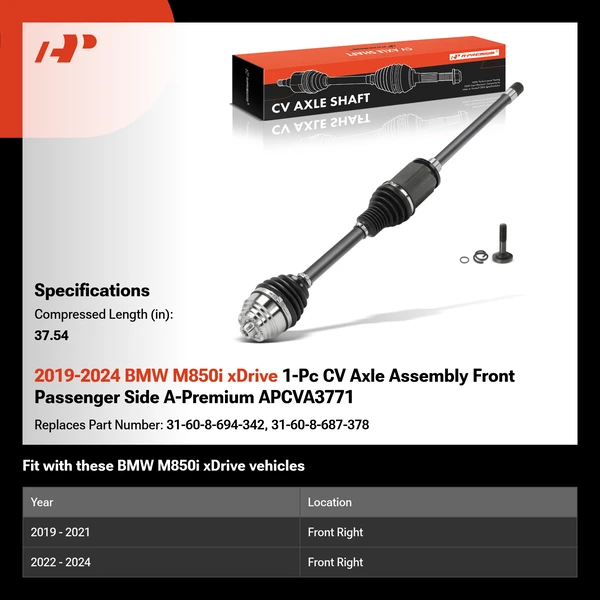 2019-2024 BMW M850i xDrive 1-Pc CV Axle Assembly Front Passenger Side A-Premium APCVA3771