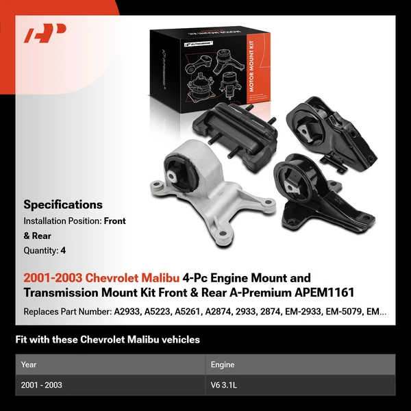 2001-2003 Chevrolet Malibu 4-Pc Engine Mount and Transmission Mount Kit Front & Rear A-Premium APEM1161
