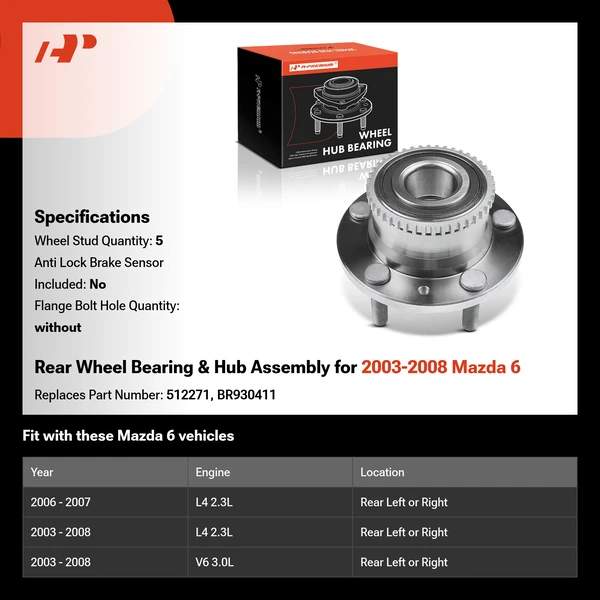 Rear Wheel Bearing & Hub Assembly for 2003-2008 Mazda 6