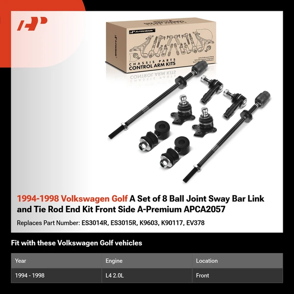 1994-1998 Volkswagen Golf A Set of 8 Ball Joint Sway Bar Link and Tie Rod End Kit Front Side A-Premium APCA2057