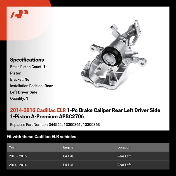 2014-2016 Cadillac ELR 1-Pc Brake Caliper Rear Left Driver Side 1-Piston A-Premium APBC2706