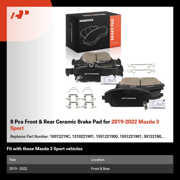 8 Pcs Front & Rear Ceramic Brake Pad for 2019-2022 Mazda 3 Sport