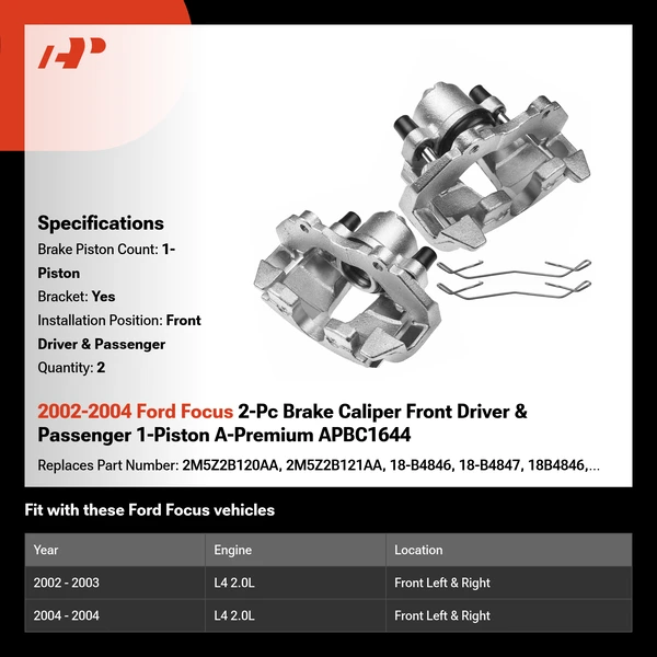 2002-2004 Ford Focus 2-Pc Brake Caliper Front Driver & Passenger 1-Piston A-Premium APBC1644