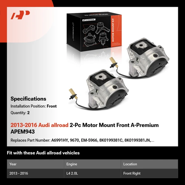 2013-2016 Audi allroad 2-Pc Motor Mount Front A-Premium APEM943