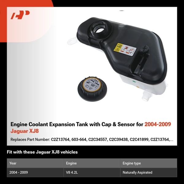 Engine Coolant Expansion Tank with Cap & Sensor for 2004-2009 Jaguar XJ8