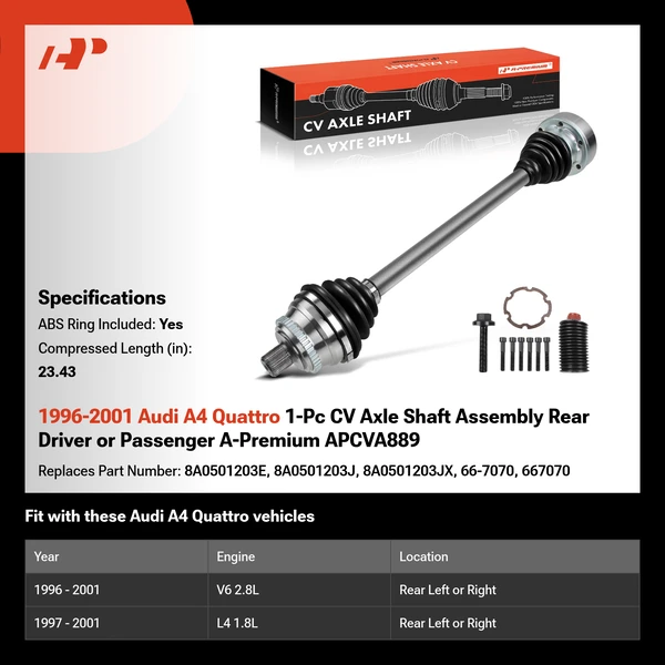 1996-2001 Audi A4 Quattro 1-Pc CV Axle Shaft Assembly Rear Driver or Passenger A-Premium APCVA889
