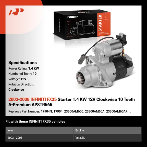 2003-2008 INFINITI FX35 Starter 1.4 KW 12V Clockwise 10 Teeth A-Premium APSTR566