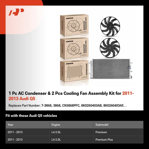 1 Pc AC Condenser & 2 Pcs Cooling Fan Assembly Kit for 2011-2013 Audi Q5