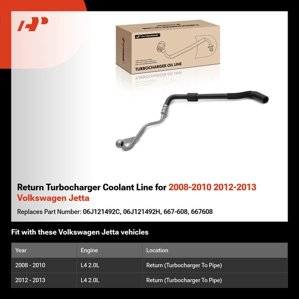 Return Turbocharger Coolant Line for 2008-2010 2012-2013 Volkswagen Jetta