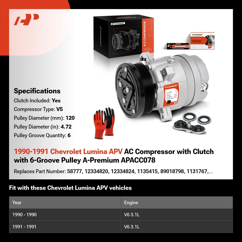 1990-1991 Chevrolet Lumina APV AC Compressor with Clutch with 6-Groove Pulley A-Premium APACC078