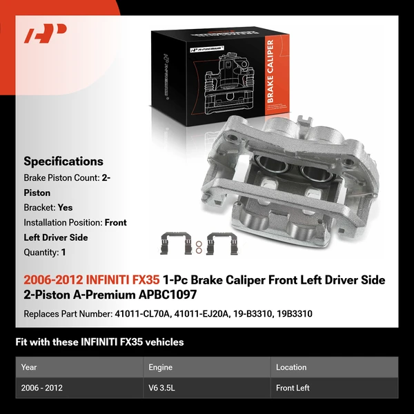 2006-2012 INFINITI FX35 1-Pc Brake Caliper Front Left Driver Side 2-Piston A-Premium APBC1097