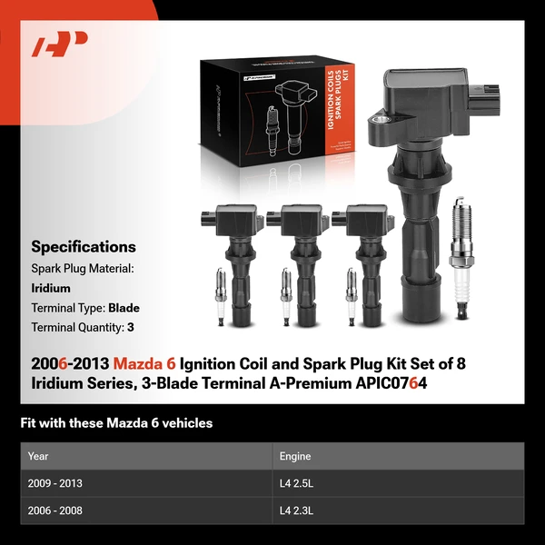 2006-2013 Mazda 6 Ignition Coil and Spark Plug Kit Set of 8 Iridium Series, 3-Blade Terminal A-Premium APIC0764