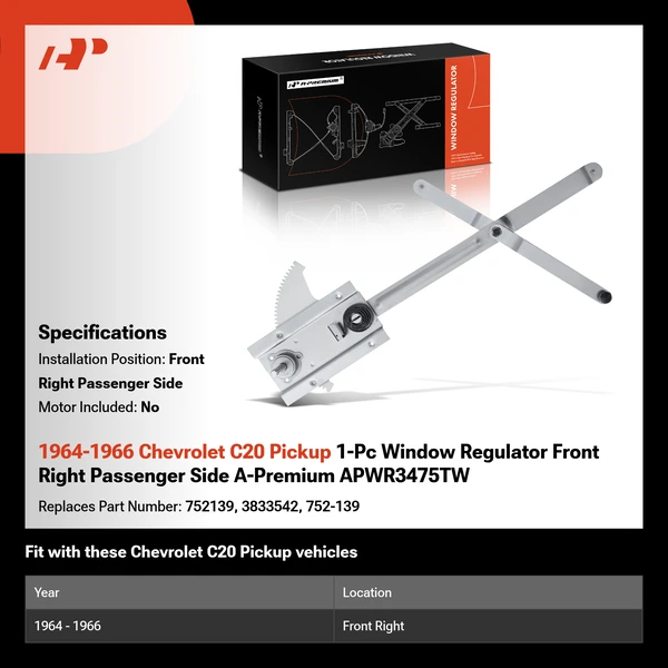 1964-1966 Chevrolet C20 Pickup 1-Pc Window Regulator Front Right Passenger Side A-Premium APWR3475TW