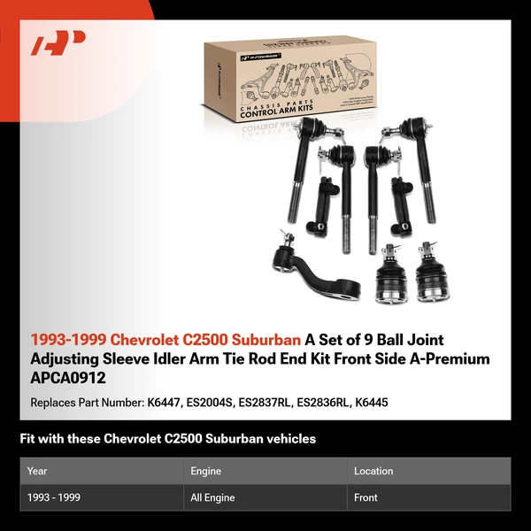 1993-1999 Chevrolet C2500 Suburban A Set of 9 Ball Joint Adjusting Sleeve Idler Arm Tie Rod End Kit Front Side A-Premium APCA0912