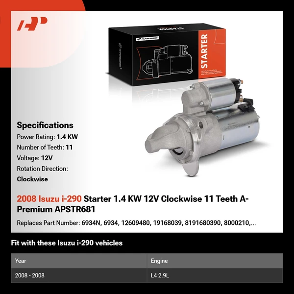 2008 Isuzu i-290 Starter 1.4 KW 12V Clockwise 11 Teeth A-Premium APSTR681