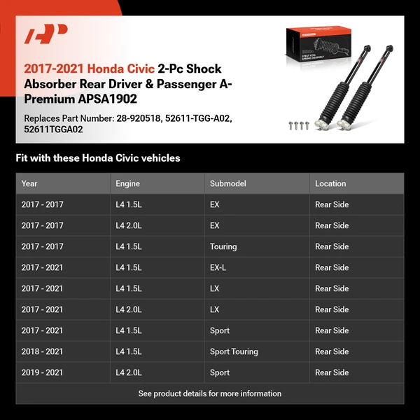 2017-2021 Honda Civic 2-Pc Shock Absorber Rear Driver & Passenger A-Premium APSA1902