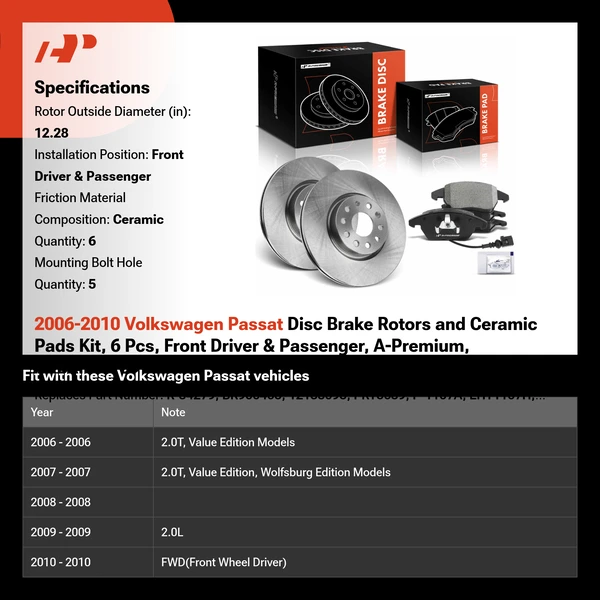 2006-2010 Volkswagen Passat Disc Brake Rotors and Ceramic Pads Kit, 6 Pcs, Front Driver & Passenger, A-Premium, APBRPR1759
