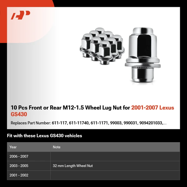 10 Pcs Front or Rear M12-1.5 Wheel Lug Nut for 2001-2007 Lexus GS430