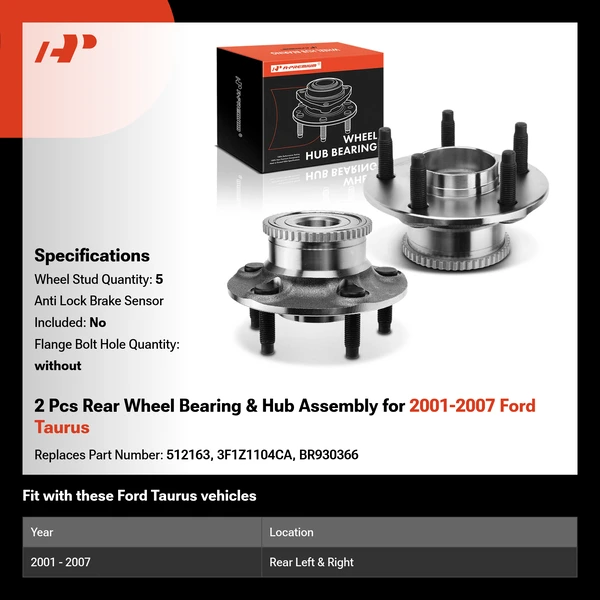 2 Pcs Rear Wheel Bearing & Hub Assembly for 2001-2007 Ford Taurus