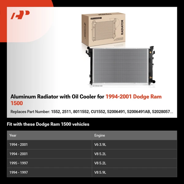 Aluminum Radiator with Oil Cooler for 1994-2001 Dodge Ram 1500