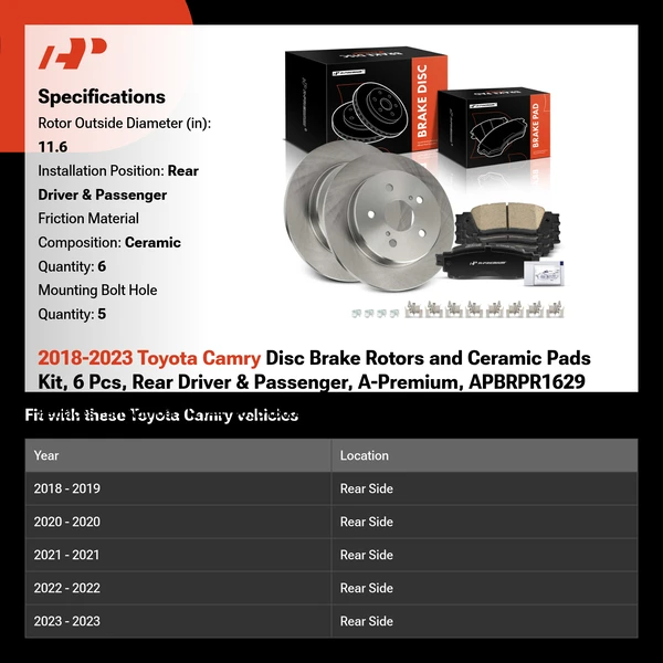 2018-2023 Toyota Camry Disc Brake Rotors and Ceramic Pads Kit, 6 Pcs, Rear Driver & Passenger, A-Premium, APBRPR1629