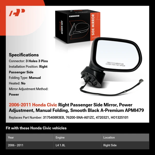2006-2011 Honda Civic Right Passenger Side Mirror, Power Adjustment, Manual Folding, Smooth Black A-Premium APMI479
