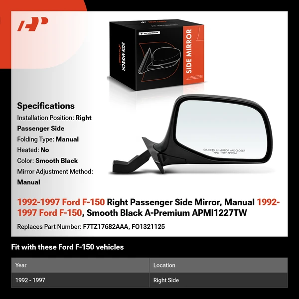 1992-1997 Ford F-150 Right Passenger Side Mirror, Manual 1992-1997 Ford F-150, Smooth Black A-Premium APMI1227TW
