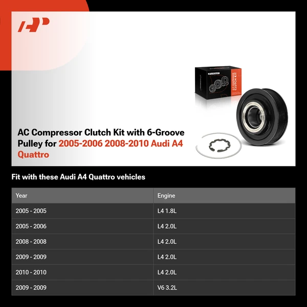 AC Compressor Clutch Kit with 6-Groove Pulley for 2005-2006 2008-2010 Audi A4 Quattro